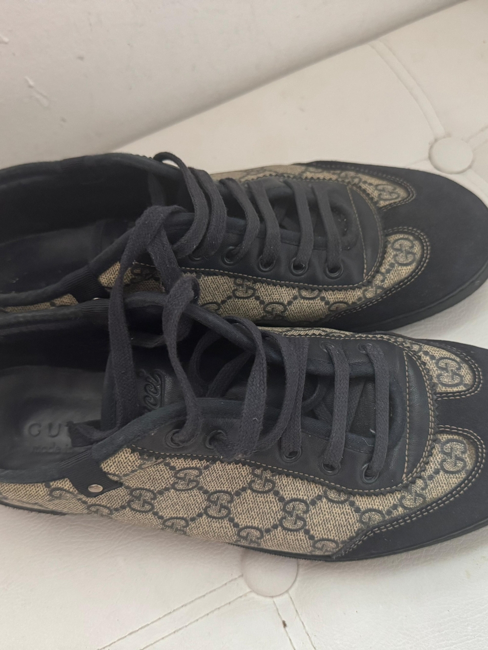 Gucci Men's Beige Monogram Canvas and Black Leather Sneakers